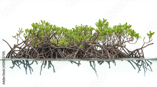 Mangrove roots tangled in brackish water isolated on white background