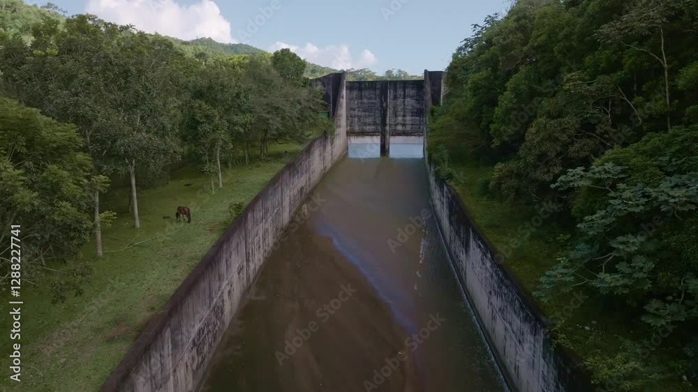 Hatillo Dam with concrete channels and lush green surroundings, infrastructure, water management, and environmental harmony, Dominican Republic. Aerial forward Hatillo Dam with concrete channels and lush green surroundings, infrastructure, water management, and environmental harmony, Dominican Republic. Aerial forward