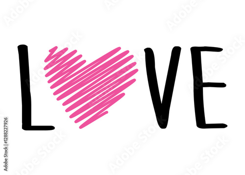 Banner con palabra love con corazón con garabatos con líneas en zigzag para tarjetas y felicitaciones de San Valentín