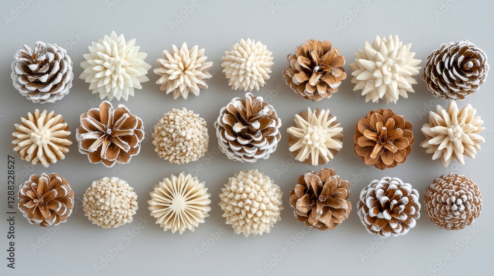 A white winter-themed 3D illustration with snow cones and spruce tree branches, suitable for holiday cards celebrating Christmas or the New Year, featuring snowflakes and space for text A white winter-themed 3D illustration with snow cones and spruce tree branches, suitable for holiday cards celebrating Christmas or the New Year, featuring snowflakes and space for text