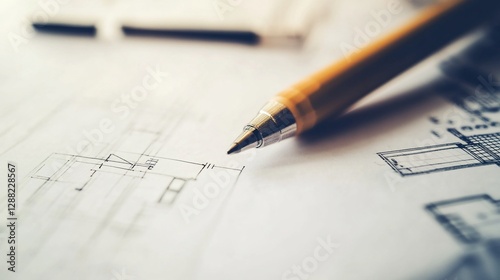 Architect reviewing house plans; pen on blueprints; workspace background; for real estate