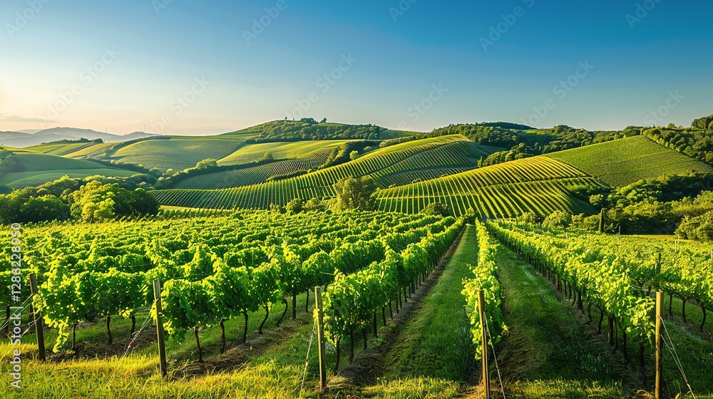 Fototapeta premium A vineyard with lush green vines and rows of trees in the background.