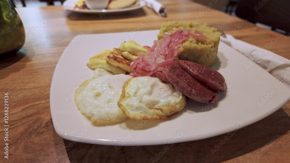 Typical Dominican breakfast, mashed of banana, eggs, fried cheese, salami, Los tre golpes. Close-up Typical Dominican breakfast, mashed of banana, eggs, fried cheese, salami, Los tre golpes. Close-up