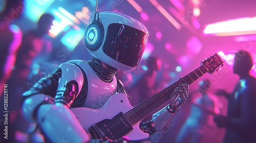 A futuristic robot DJ, depicted as a 3D abstract cartoon-friendly assistant, plays music in a club with neon pink and purple lights, equipped with headphones and a microphone.