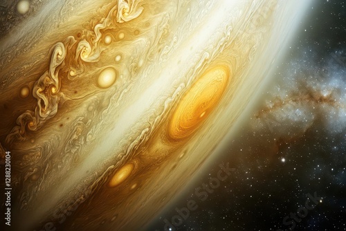 jupiter swirling in cosmic isolation rich amber and cream bands soft starry glow majestic serene mood vast space backdrop celestial beauty