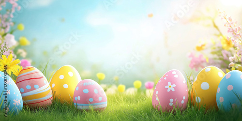 pastel easter eggs on a spring background with copy space for text