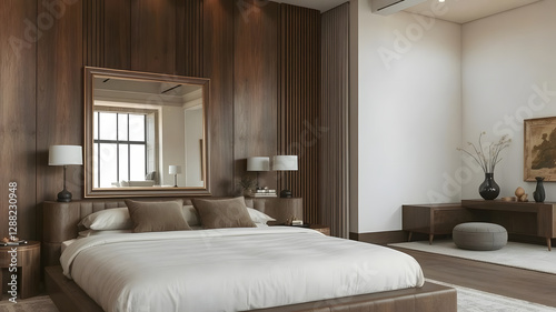 A large bed with a mirror above it and a vase on the nightstand
