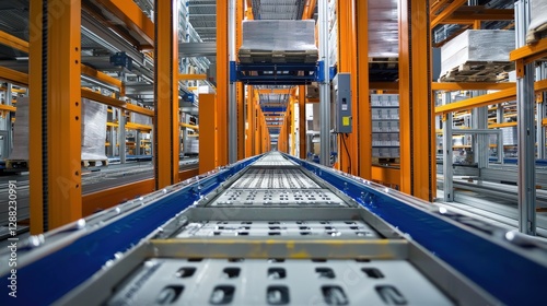 A detailed shot of a robotic warehouse system moving goods seamlessly photo