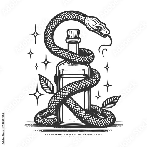 Snake Coiled Around Bottle vector illustration