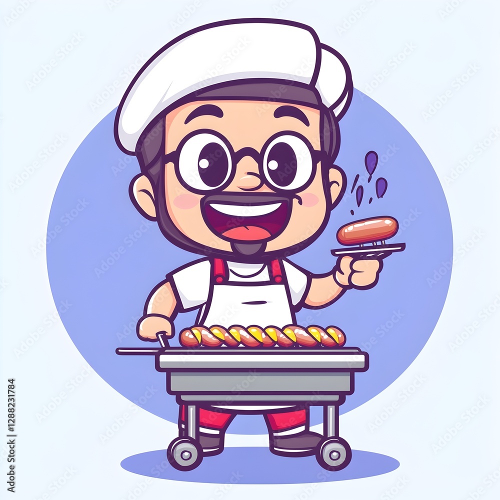 Cartoon Hot Dog Vendor Grilling Sausages with Happy Expression and Bold Linework Cartoon Hot Dog Vendor Grilling Sausages with Happy Expression and Bold Linework