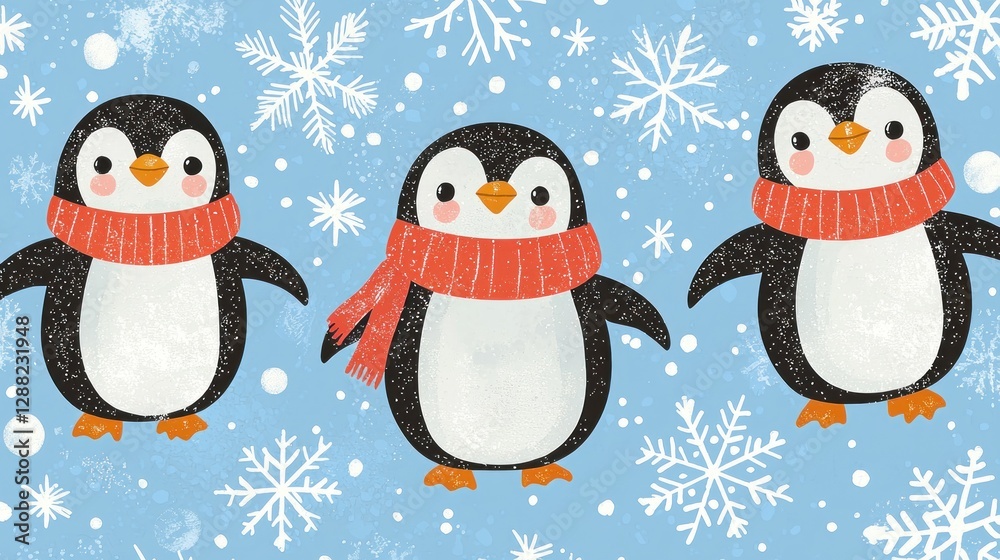 Fototapeta premium Adorable Penguins in Winter Wonderland: A Festive Holiday Illustration