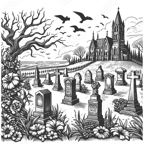 old cemetery with tombstones, a gothic church, leafless trees, and ravens flying in the sky sketch engraving generative ai vector illustration. Scratch board imitation. Black and white image.