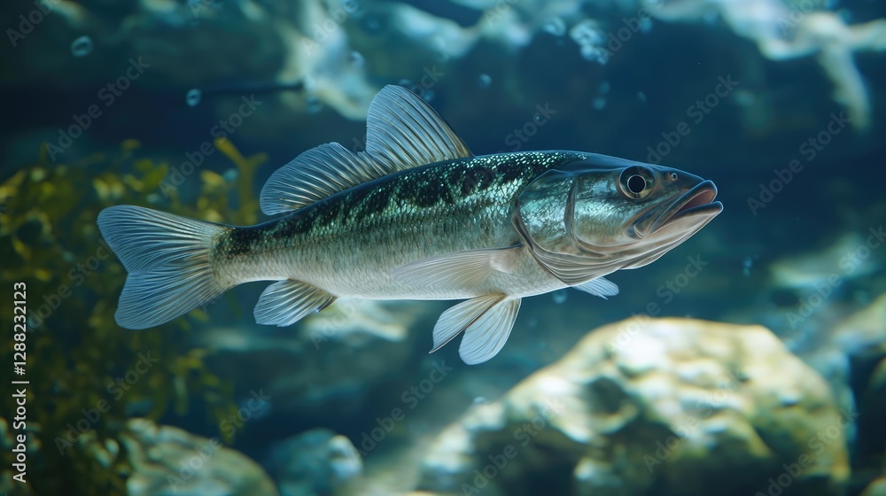 Fototapeta premium Ocean acidification concept. A beautiful freshwater fish swimming gracefully in clear waters.