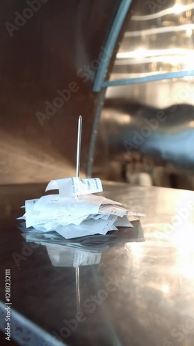 A chef in black gloves pins a check onto a metal nail, helping to keep track of orders in a restaurant. A great video for advertising restaurants, restaurant service, and organizing the workflow.