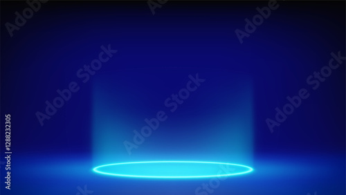 Futuristic glowing blue stage, studio. Empty room, circular cyan neon lighting in floor. The product levitates, hangs. Background. Displaying products, presentation. Showcase. Backdrop. Vector
