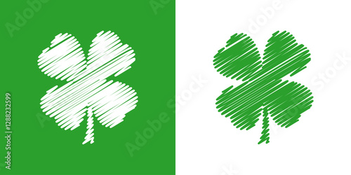 Día de San Patricio. Logo con silueta de trébol de cuatro hojas con garabatos con líneas en zigzag para tarjetas y felicitaciones