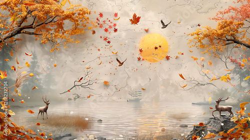 Artwork digital paint wallpaper. golden leaf and sun with colorful trees and deer on a light background