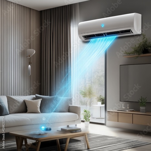 Modern smart air conditioner with wi-fi in stylish living room interior