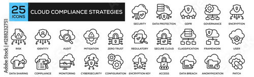 Cloud Compliance Strategies icon collection set. Containing design Cloud Security Compliance, Data Protection Policy, GDPR Compliance, Cloud Governance, Data Encryption