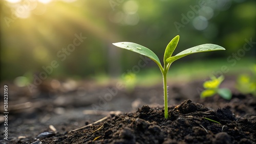 Wallpaper Mural Sprout of Hope: A tender green sprout emerges from the rich soil, bathed in the golden light of the sun. Capturing new life, growth, and potential. Torontodigital.ca