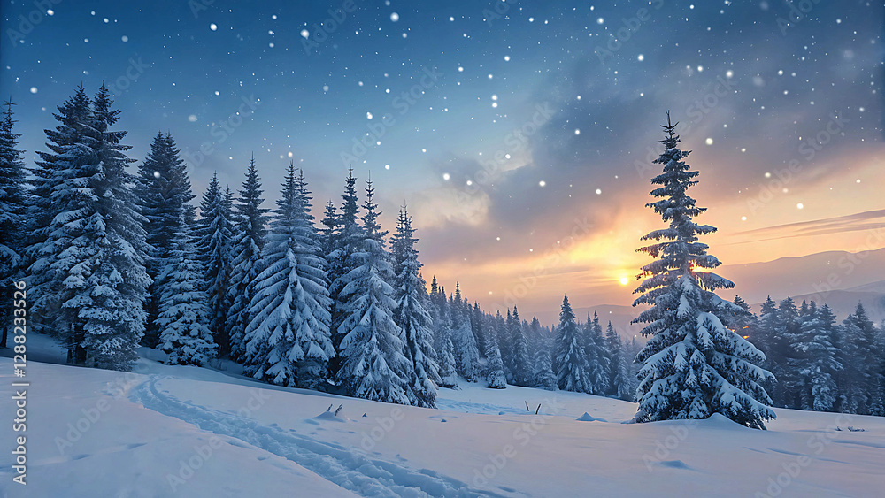 Snowy Winter Forest at Twilight with Falling Snowflakes Snowy Winter Forest at Twilight with Falling Snowflakes