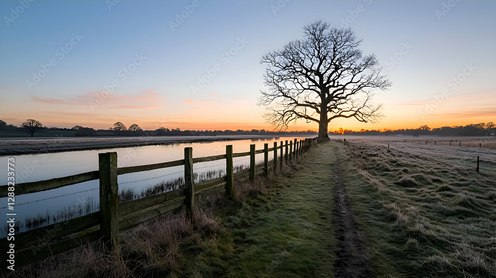 Fototapeta premium Frosty Sunrise over River with Silhouetted Tree and Fence