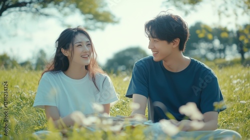 Happy young asian couple shares moment. People joy smiles, love connection. Comfort intimacy at romantic date. Romance dating. Fun laughing lovers have fun. Beautiful asia portrait. Summer park, field