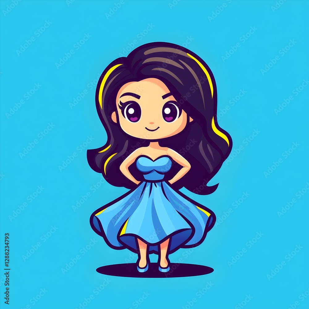 Glamorous Cartoon Supermodel in Flowing Evening Gown with Bold Linework and Simple Color Illustration Glamorous Cartoon Supermodel in Flowing Evening Gown with Bold Linework and Simple Color Illustration