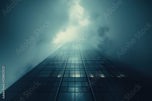A Towering Skyscraper Piercing Through the Misty Fog at Dusk, Capturing the Essence of Urban Architecture and Modern Design in a Serene Atmosphere