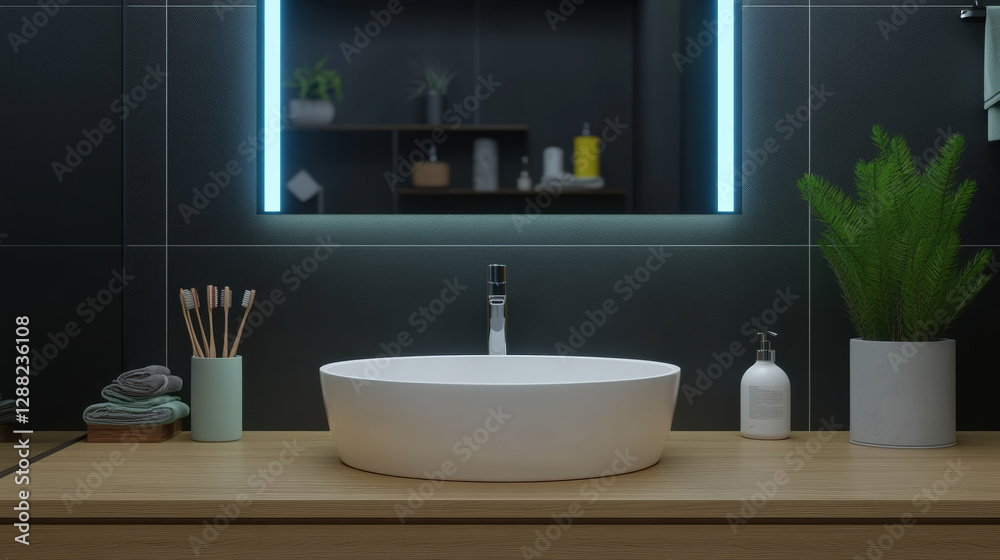 Fototapeta premium modern black bathroom featuring sleek white sink, wooden countertop, and stylish decor. moody atmosphere is enhanced by ambient lighting and greenery