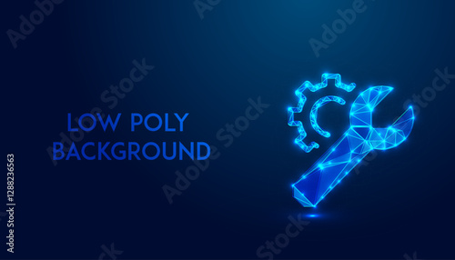 Low Polygonal vector illustration of a mechanism, Gear, Setting icon isolated on a blue background