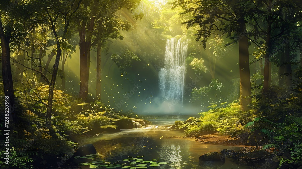 A serene waterfall cascades into a still pond in a lush, sun-dappled forest. A serene waterfall cascades into a still pond in a lush, sun-dappled forest.