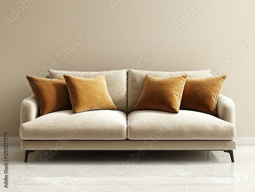 Elegant off-white sofa with plush golden pillows, set against a neutral wall for a cozy, inviting atmosphere. Seating comfort redefined. photo