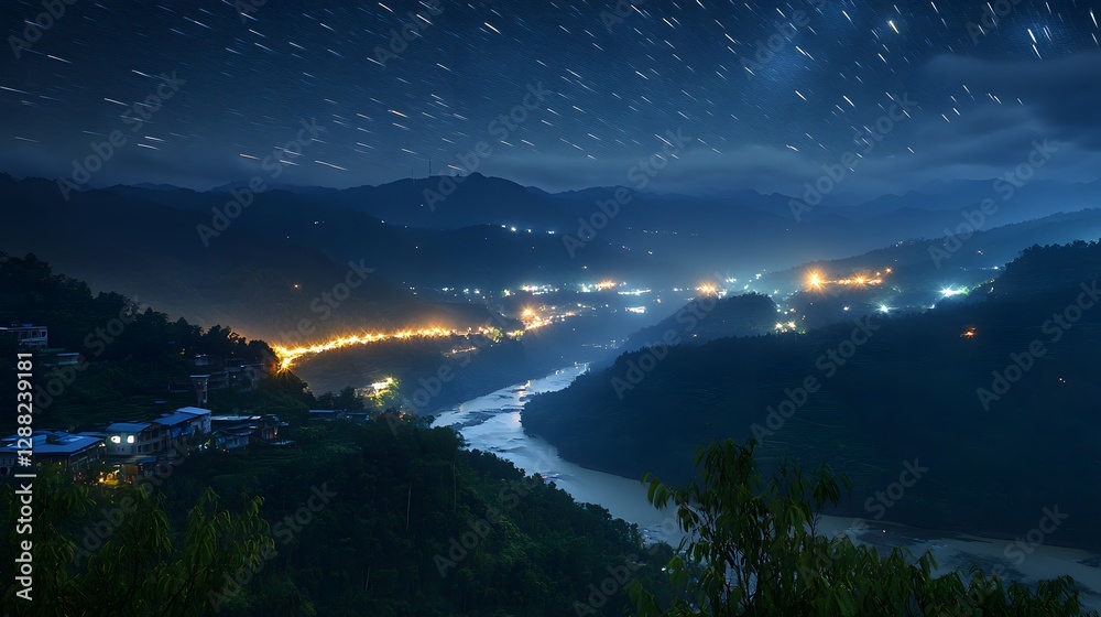 starry night over mountain river valley starry night over mountain river valley