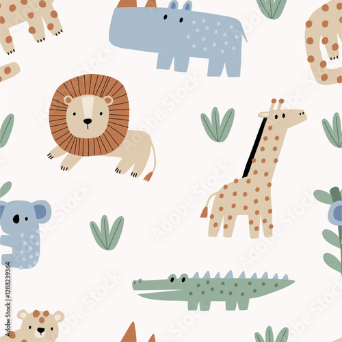 Cute African Safari animals flat style. Childish rhinoceros, giraffe, leopard, crocodile, koala. Kids vector illustrations isolated on white background