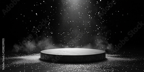Black rough podium surrounded by silver light, blinks and sequins, award background and presentation banner. 