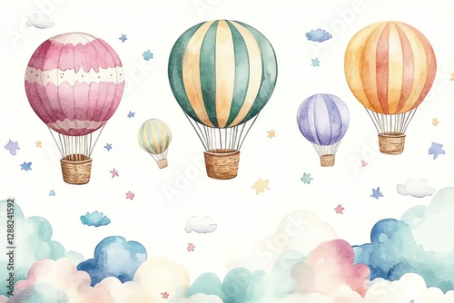 Watercolor Hot Air Balloons in Sky with Clouds and Stars Illustration