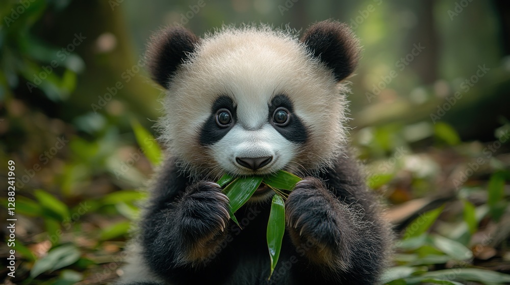 Fototapeta premium Adorable baby panda eating bamboo in forest