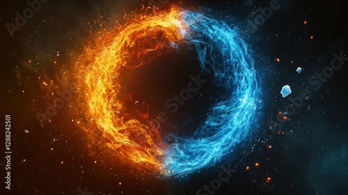 Duality of fire and ice circle against a cosmic background for abstract concept