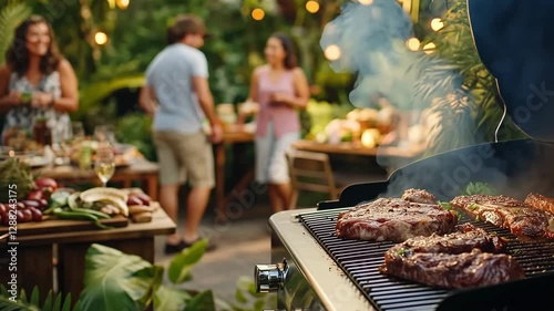 Friends gather in a vibrant garden setting to enjoy a summer barbecue. Grilled meats sizzle on the barbecue while laughter and conversation fill the air.