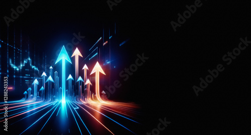 Bright glowing arrows point upwards on a dark backdrop with abstract chart elements, symbolizing growth and forward movement in a digital space.