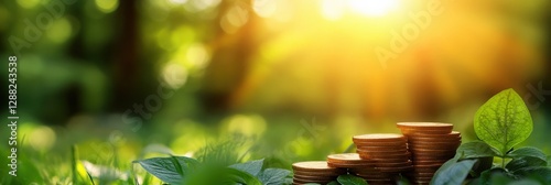 The Beauty of Nature's Wealth: A Lush Green Field Featuring Piles of Coins, Symbolizing Prosperity and Financial Growth Amidst the Sunlit Forest Background photo