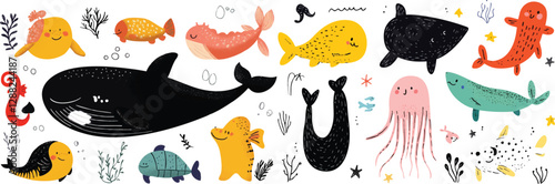 A cheerful clip art-style illustration featuring a collection of sea animals such as a happy whale, a shy seahorse, and a smiling turtle, all drawn in pastel shades.