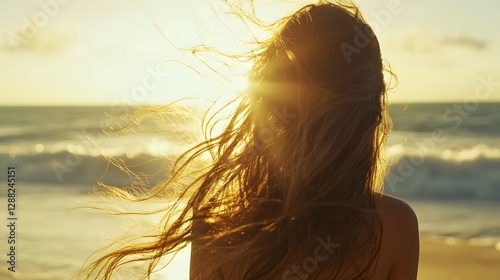 woman facing ocean sunset long hair blowing in wind