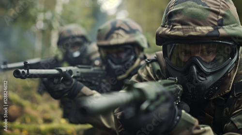Three soldiers aiming rifles during a military exercise in the forest.