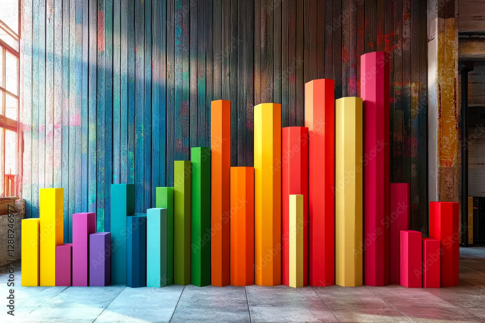 Obraz premium Vibrant 3D bar chart with colorful geometric columns against textured wooden wall