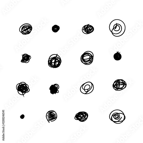Scribble doodle circle and point. Collection black shapes dots and drops. Set of hand drawn doodle circles in a grunge style. Vector illustration for bullet journal. Isolated white background.