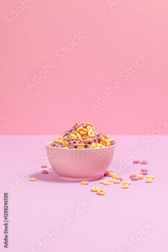 A bowl overflowing with colorful fruit-loop cereal on a pastel pink background. Bright, fun, and nostalgic breakfast vibes in a minimal aesthetic. photo