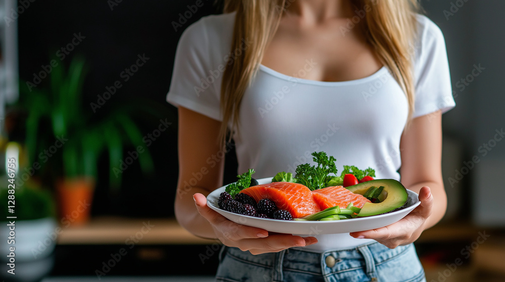 A woman stands confidently holding a plate with a balanced elimination diet meal A woman stands confidently holding a plate with a balanced elimination diet meal