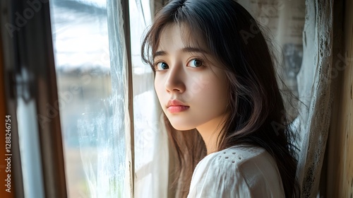 Free Download beautiful young woman by window portrait photography - GFXLoad
